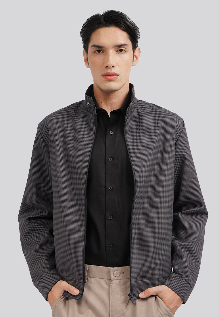 High Neck Checked Jacket D.Grey