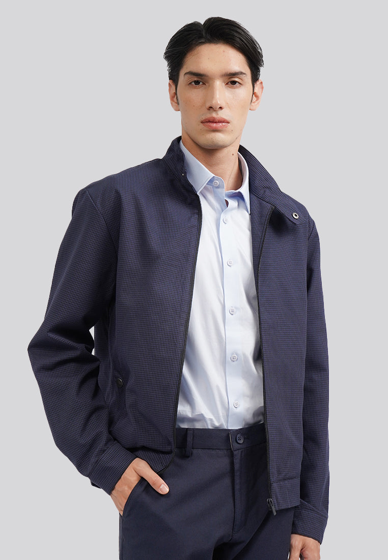 High Neck Checked Jacket D.Blue