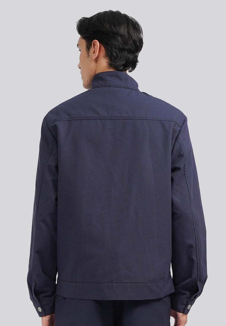High Neck Checked Jacket D.Blue