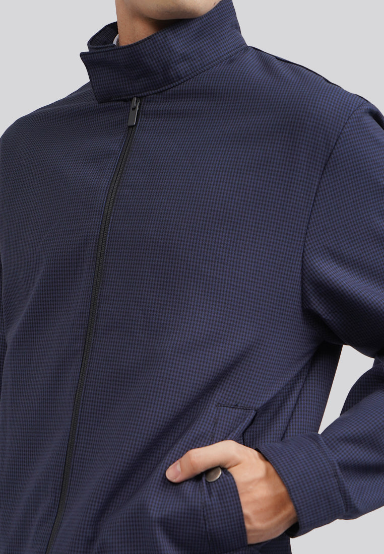 High Neck Checked Jacket D.Blue