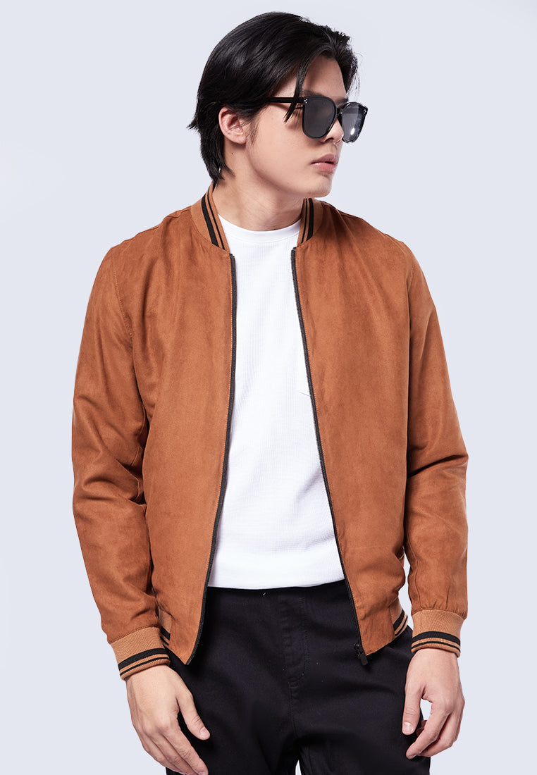 Suede Bomber Jacket with Striped Rib