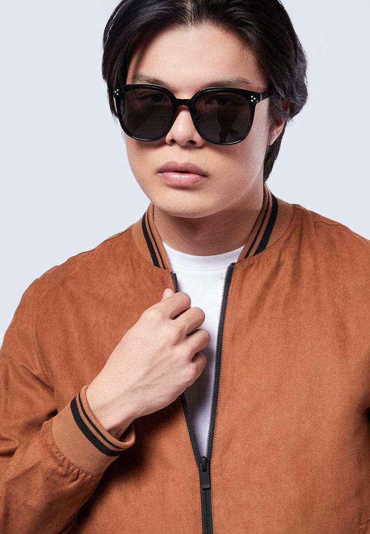 Suede Bomber Jacket with Striped Rib