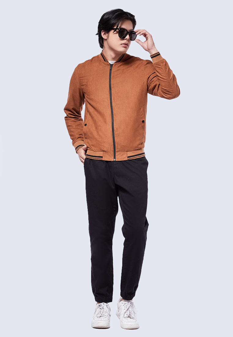 Suede Bomber Jacket with Striped Rib