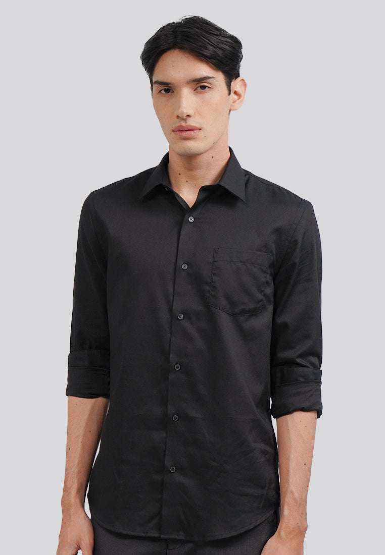 Slim Fit Long Sleeve Dobby Shirt Black