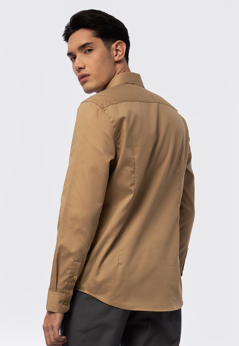 Slim Fit Long Sleeve Dobby Shirt Taupe