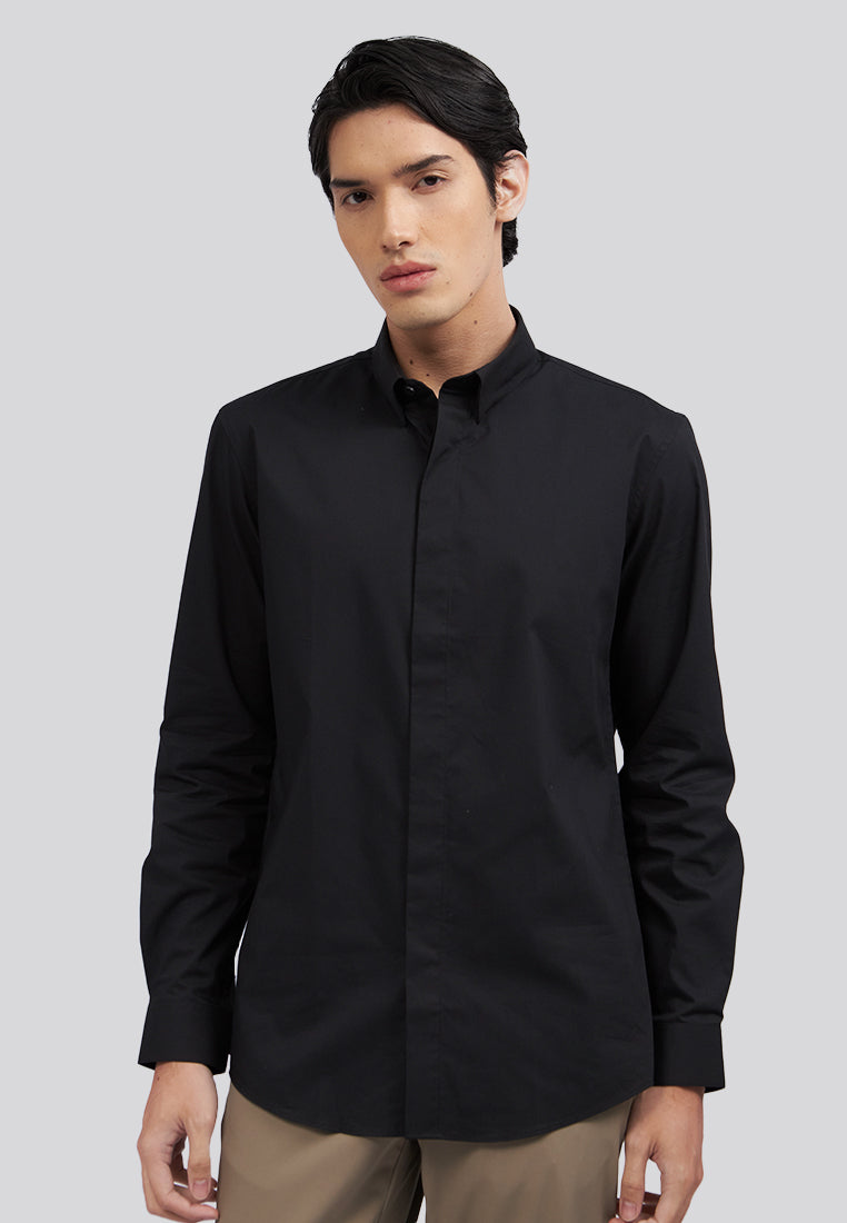 Hidden Placket Long Sleeve Shirt Black