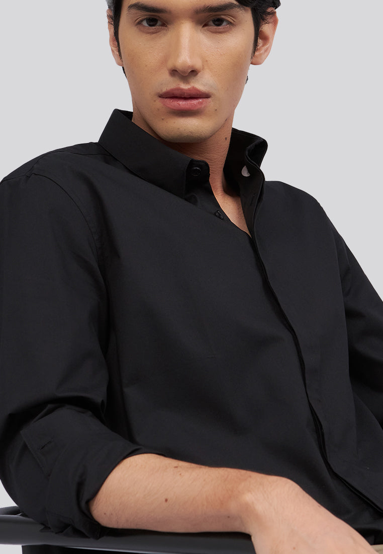 Hidden Placket Long Sleeve Shirt Black