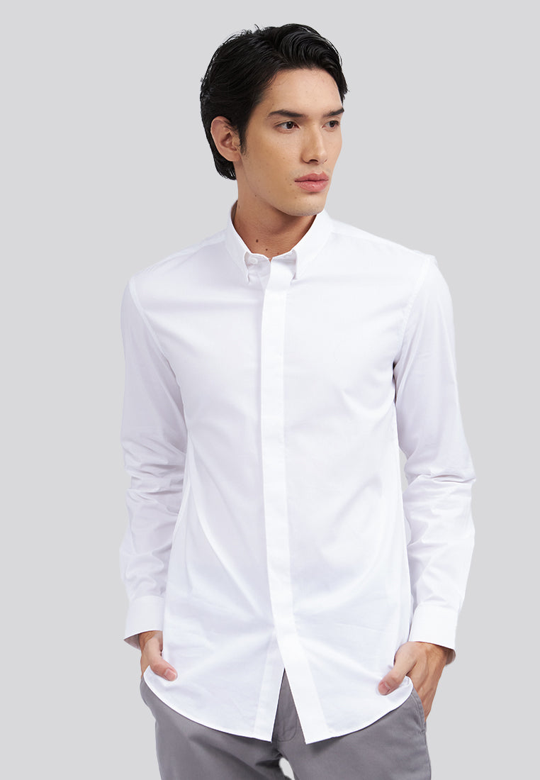 Hidden Placket Long Sleeve Shirt White