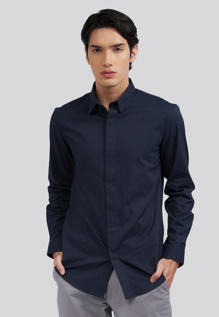 Hidden Placket Long Sleeve Shirt Navy