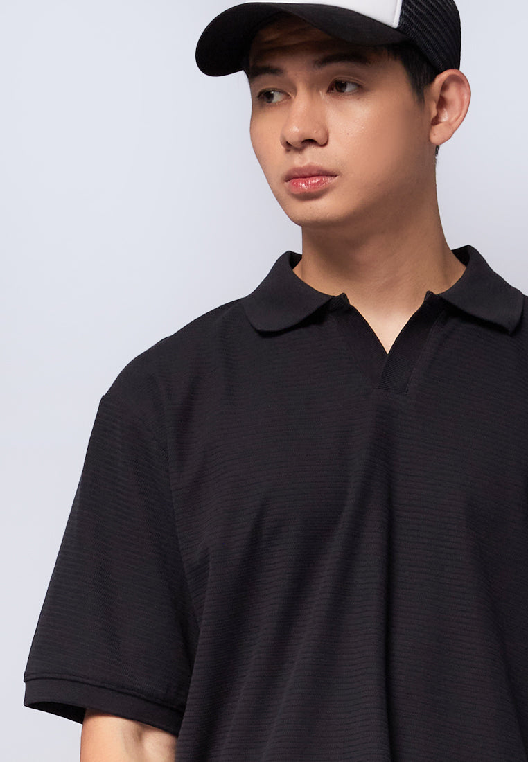 Black Short Sleeve Textured Polo Shirt