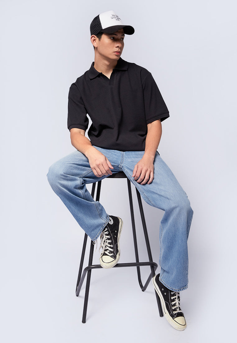 Black Short Sleeve Textured Polo Shirt