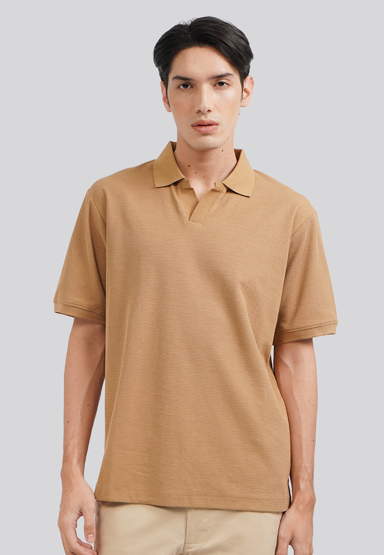 Textured V-Neck Polo Shirt Camel