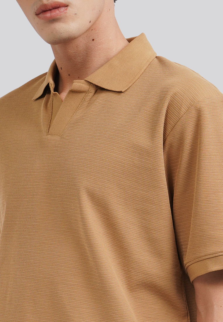 Textured V-Neck Polo Shirt Camel