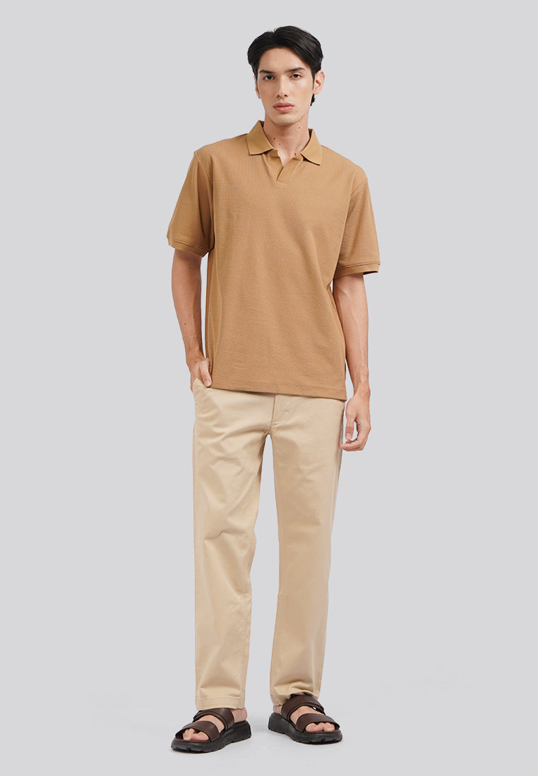 Textured V-Neck Polo Shirt Camel