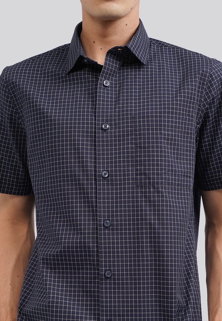 Easy Care Short Sleeve Check Shirt Navy