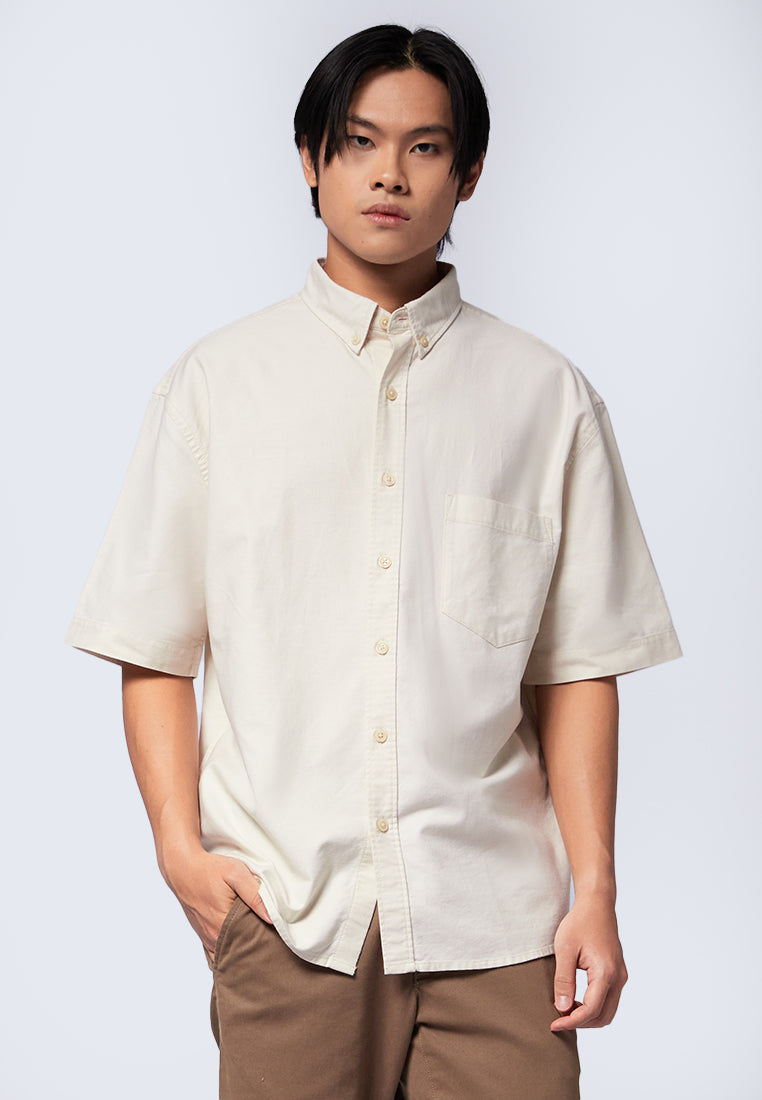 Relaxed Fit Short Sleeve Oxford Shirt Beige