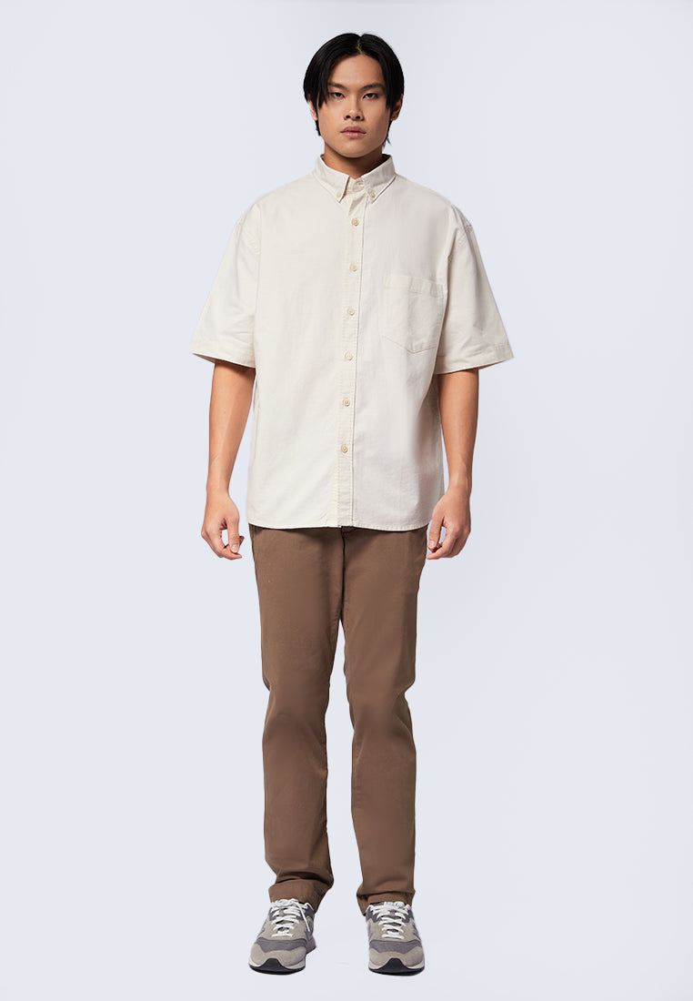 Relaxed Fit Short Sleeve Oxford Shirt Beige