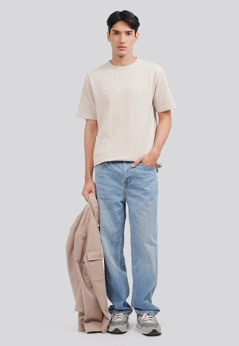 Check Textured Short Sleeve T-Shirt Beige