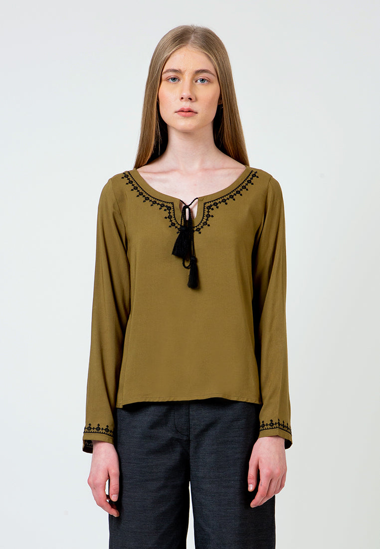 Olive Embroidered Tassel Blouse