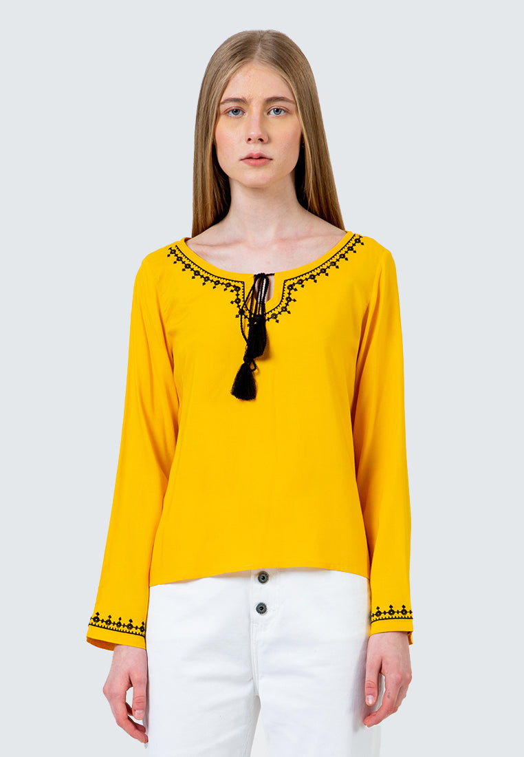 Yellow Embroidered Tassel Blouse