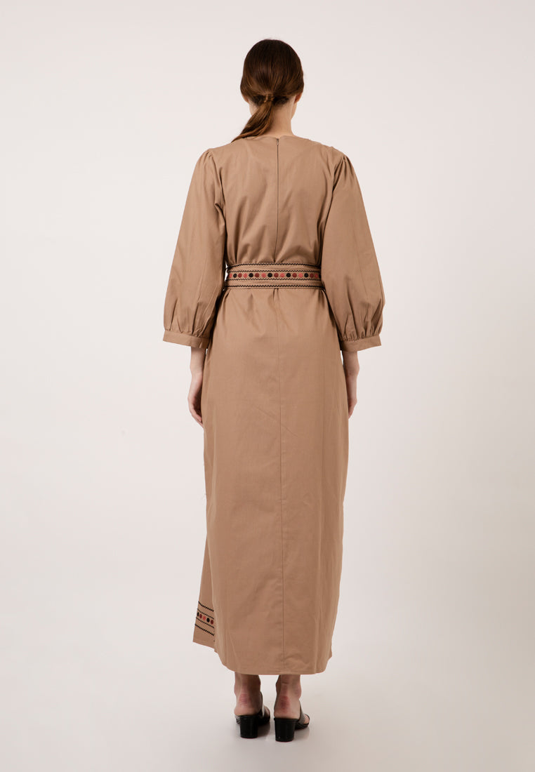 Long Sleeve Khaki Gamis With Belt