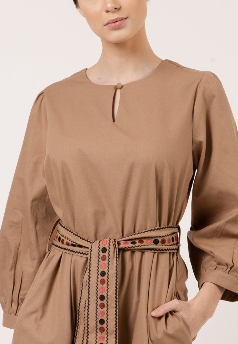 Long Sleeve Khaki Gamis With Belt