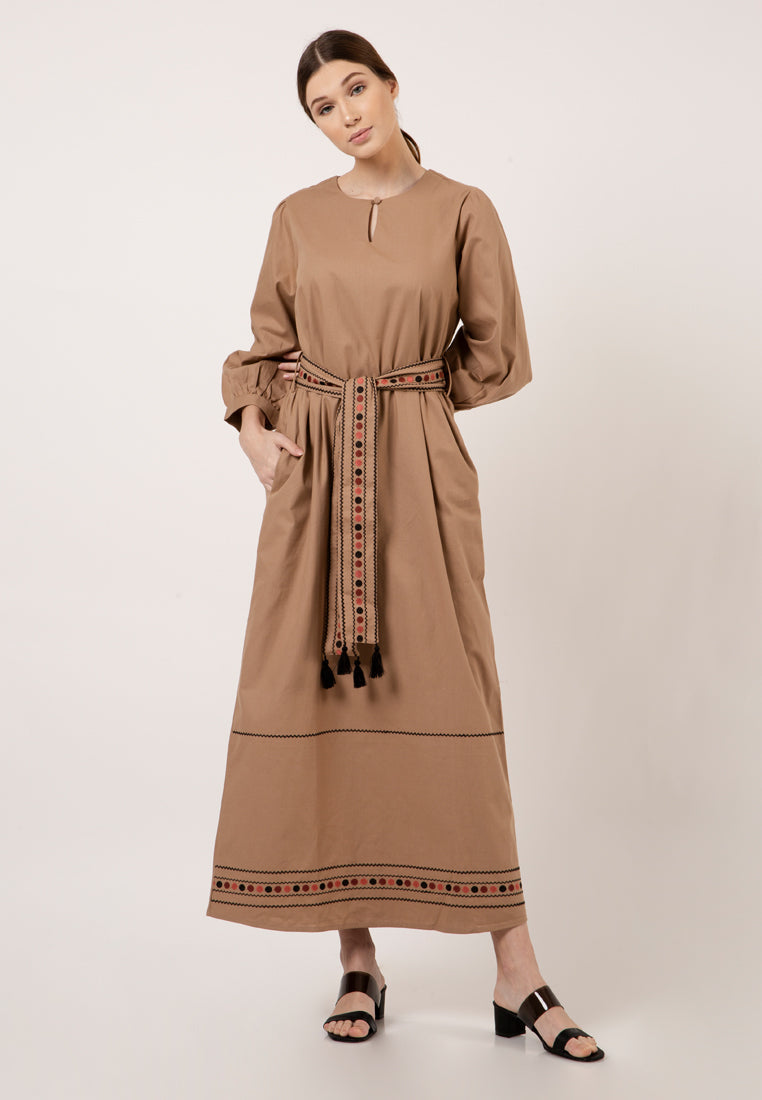Long Sleeve Khaki Gamis With Belt