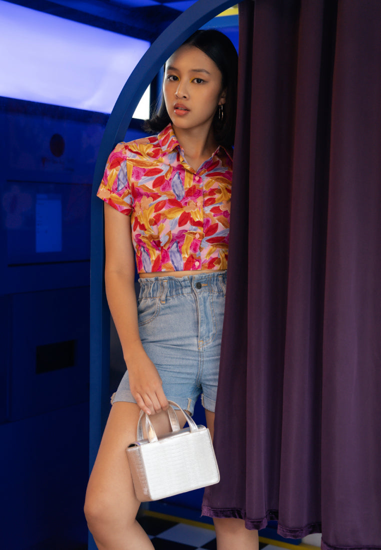 Printed Short Sleeve Crop Blouse
