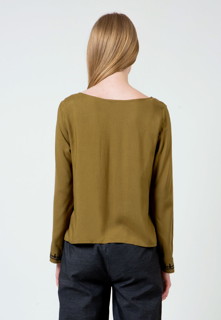 Olive Embroidered Tassel Blouse