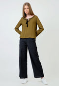 Olive Embroidered Tassel Blouse