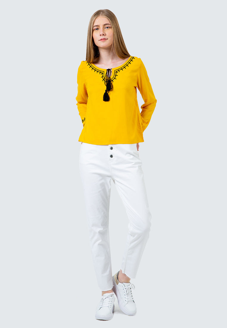 Yellow Embroidered Tassel Blouse