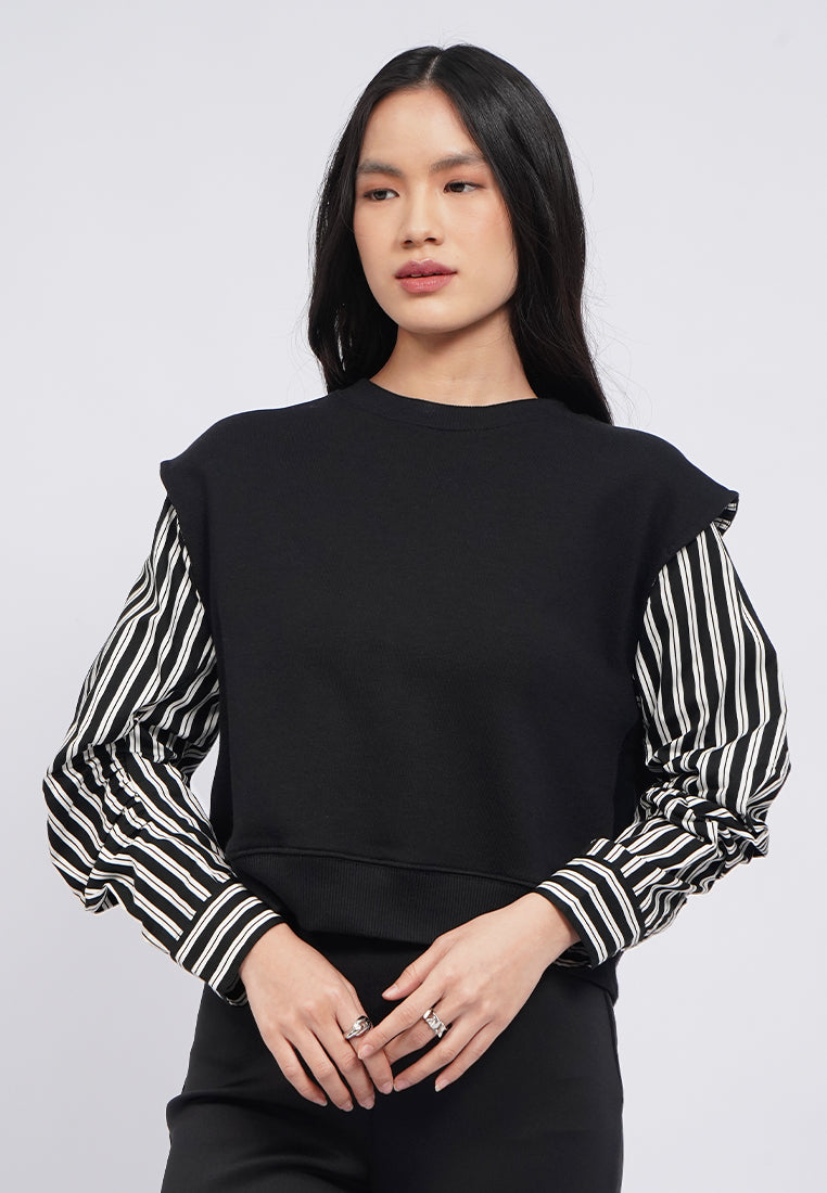 Knit Top with Cotton Sleeve Detail