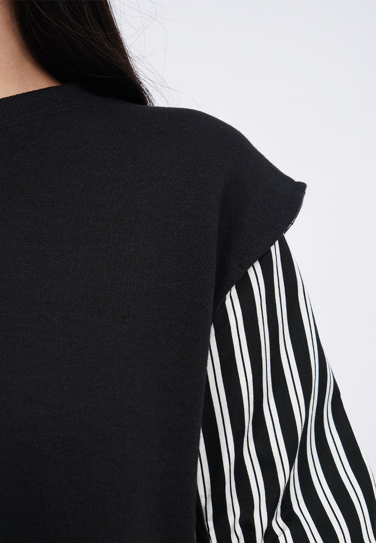 Knit Top with Cotton Sleeve Detail