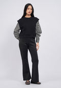 Knit Top with Cotton Sleeve Detail