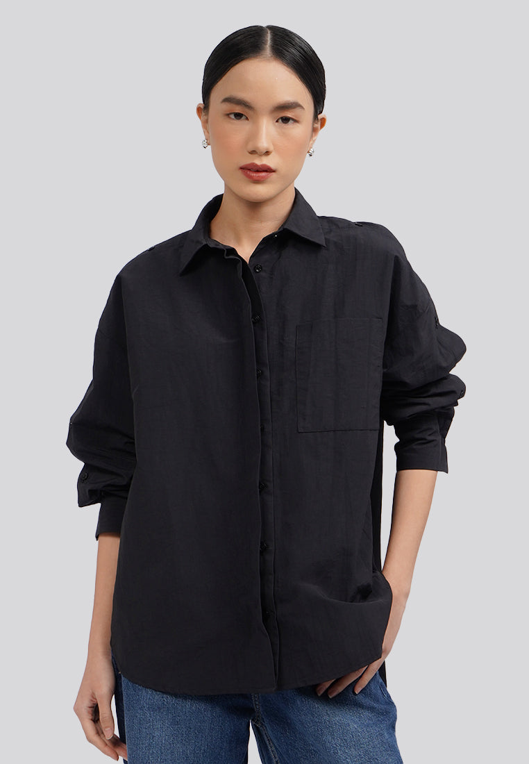Oversized Button Up Sleeve Blouse Black