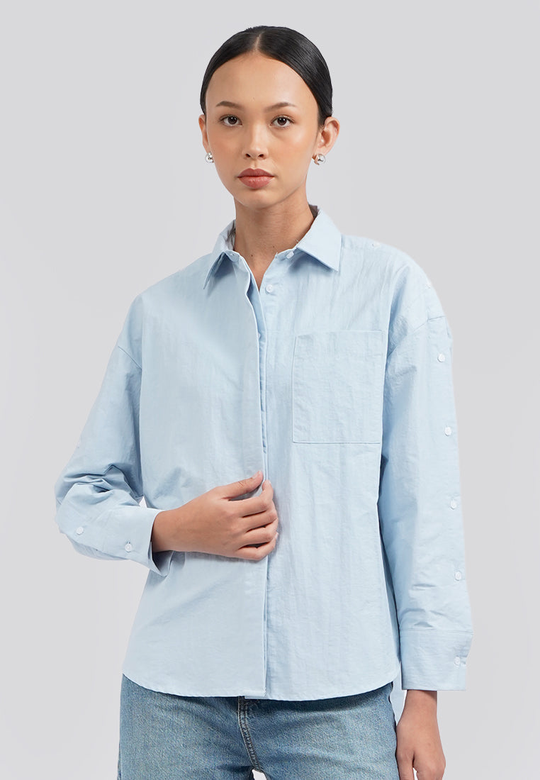 Oversized Button Up Sleeve Blouse Ice Blue