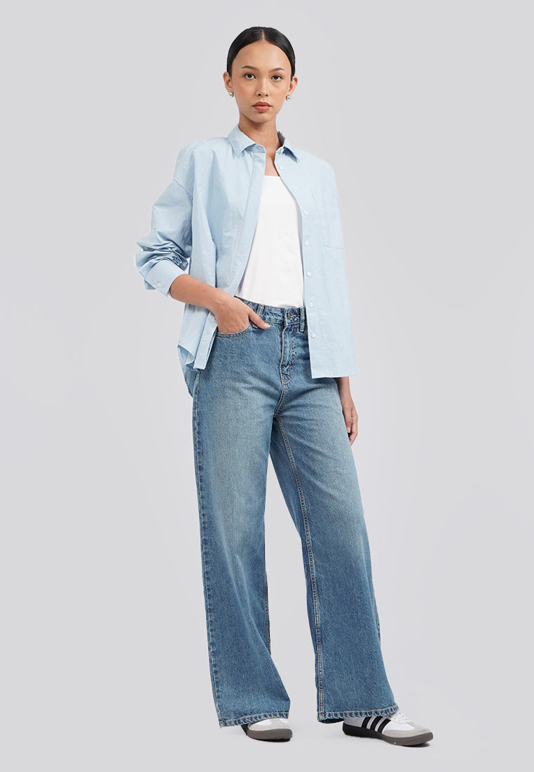 Oversized Button Up Sleeve Blouse Ice Blue