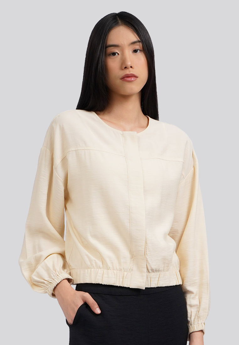Round Neck Long Sleeves Blouse Ecru