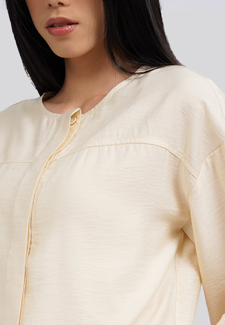 Round Neck Long Sleeves Blouse Ecru
