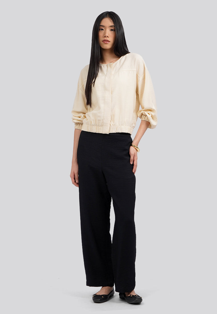 Round Neck Long Sleeves Blouse Ecru