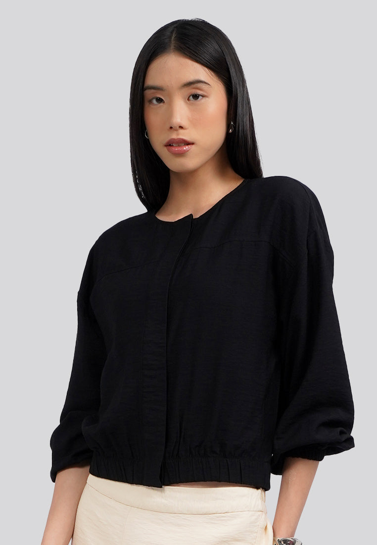 Round Neck Long Sleeves Blouse Black