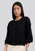 Round Neck Long Sleeves Blouse Black