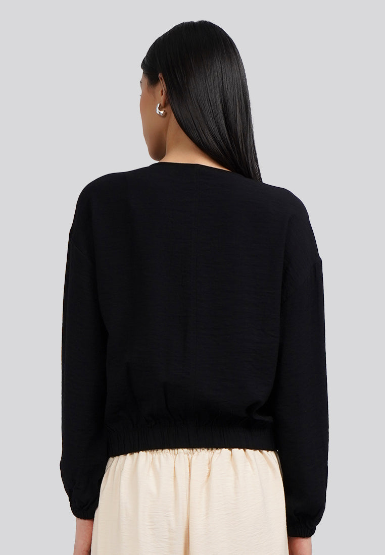 Round Neck Long Sleeves Blouse Black
