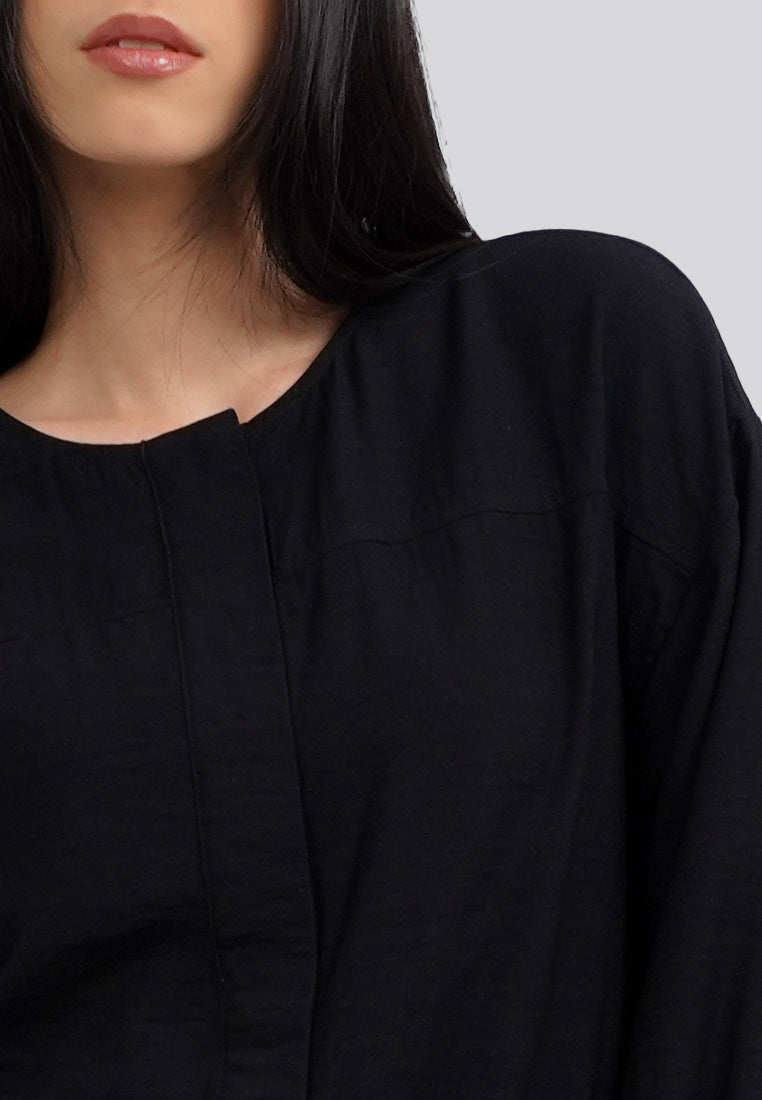 Round Neck Long Sleeves Blouse Black