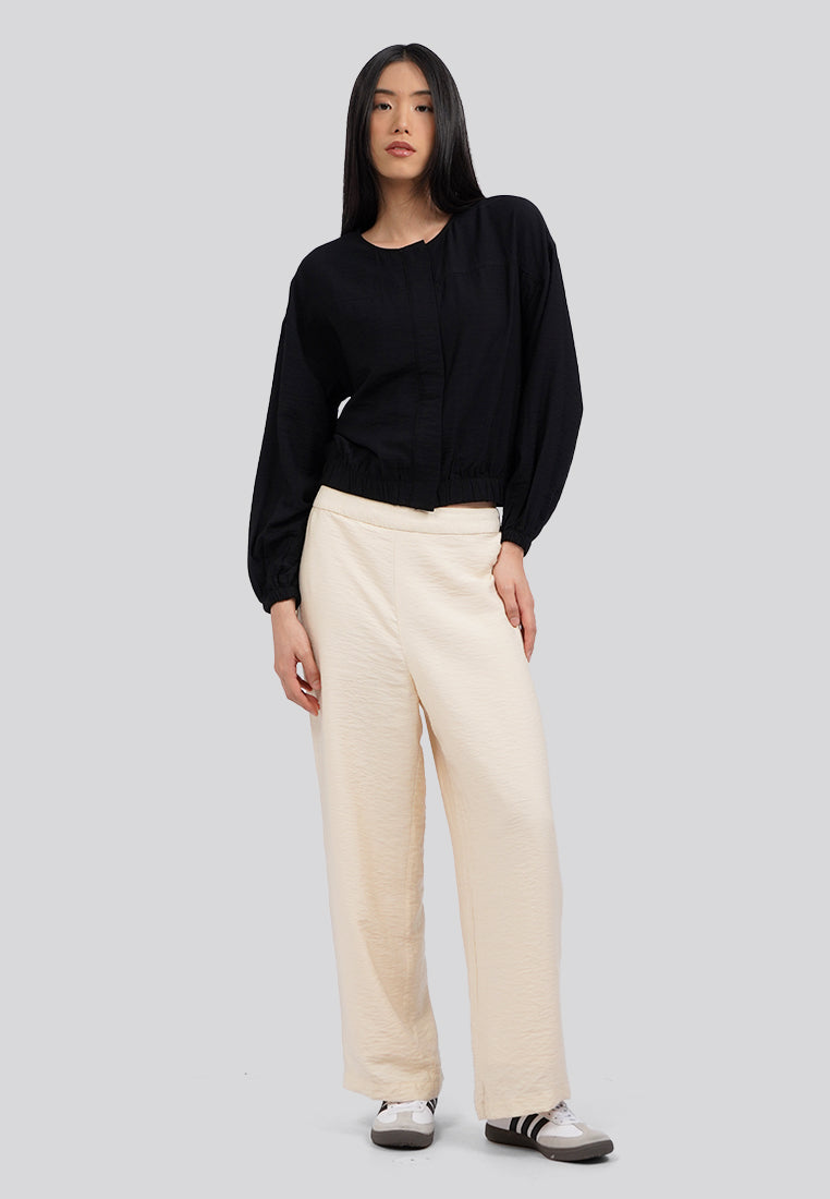 Round Neck Long Sleeves Blouse Black