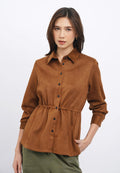 Long Sleeve Suede Drawstring Shirt