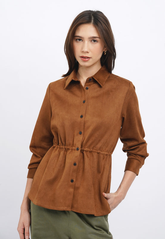 Long Sleeve Suede Drawstring Shirt