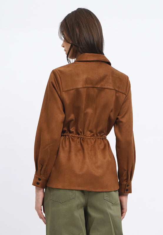 Long Sleeve Suede Drawstring Shirt