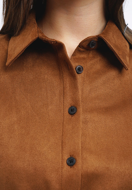 Long Sleeve Suede Drawstring Shirt
