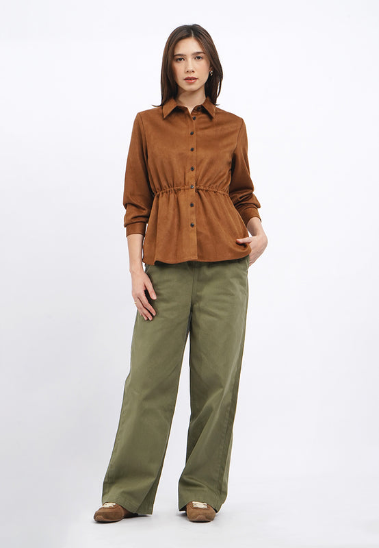 Long Sleeve Suede Drawstring Shirt